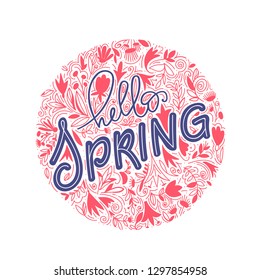 Hello Spring hand lettering and doodle illustration. Postcard, invitation and banner design with doodle leaves coral colors. Vector