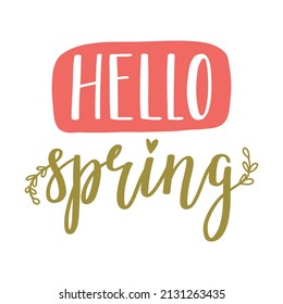 Hola primavera. Leer a mano con ramitas de doodle. Plantilla de tarjetas, frase manuscrita para tarjetas de felicitación, afiches, pegatinas. Ilustración colorida aislada en fondo blanco