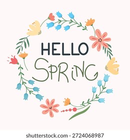 Hello Spring hand lettering with a floral wreath. Flat vector illustration in soft pastel colors, perfect for seasonal posters, greeting cards, wall art, social media, invitations, and spring decorations.