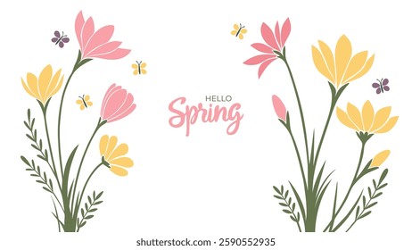 Hello Spring. Hand lettering and spring flowers for Springtime season greetings and invitations. Vector illustration.