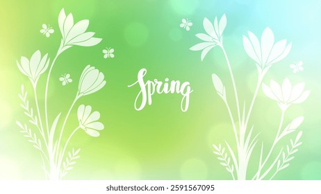 Hello Spring. Hand lettering and spring flowers for Springtime season greetings and invitations. Blurred background. Vector illustration.