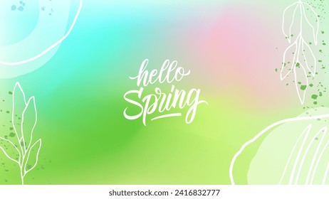 Hello Spring. Hand lettering. Springtime blurred background with minimal hand drawn elements for Spring season creative graphic design. Vector illustration.