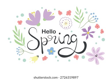 Olá Mão primavera letras cercado por uma delicada grinalda floral. Ilustração de vetor plano em cores pastel macias, perfeito para cartazes sazonais, cartões de saudação, arte de parede, convites, mídia social e decorações de primavera.