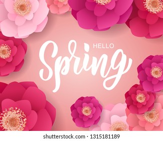 Hello spring hand lettering text as logotype, badge and icon, postcard, card, invitation, banner template. Special spring sale typography poster. Vector illustration.