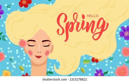 Hello spring hand lettering text  with cute girl's portrait as logotype, badge and icon, postcard, card, invitation, banner template. Special spring sale typography poster. Vector illustration.