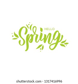 Hello spring hand lettering text as logotype, badge and icon, postcard, card, invitation, banner template. Special spring sale typography poster. Vector illustration.