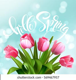 Hello Spring hand Lettering with tulip flower. Vector illustration EPS10