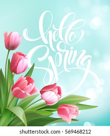 Hello Spring hand Lettering with tulip flower. Vector illustration EPS10