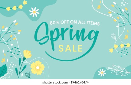 Hello Spring hand logotype, badge typography icon. Lettering spring season with leaf for greeting card, invitation template. Modern lettering banner poster template background, Sale, offer - Shutterstock ID 1946176474