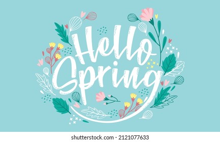 Hello Spring hand logotype, badge typography icon. Lettering spring season with leaf for greeting card, invitation template. Retro lettering banner poster template background, offer. Vector EPS 10. - Shutterstock ID 2121077633