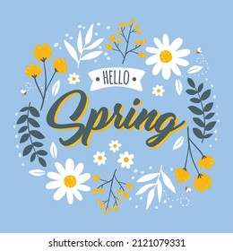 Hello Spring hand logotype, badge typography icon. Lettering spring season with leaf for greeting card, invitation template. Vintage lettering banner poster template background, Sale, offer.EPS 10