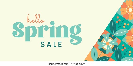 Hello Spring hand logotype, badge typography icon. Lettering spring season with leaf for greeting card, invitation template. Modern lettering banner poster template background, Sale, offer