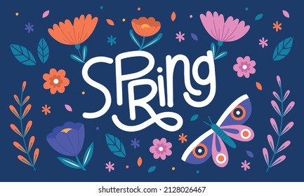 Hello Spring hand logotype, badge typography icon. Lettering spring season with leaf for greeting card, invitation template. Modern lettering banner poster template background, Sale, offer