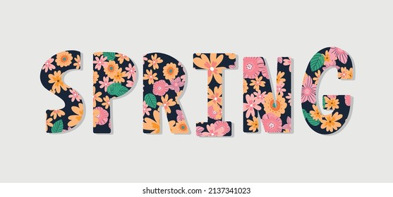 Hello Spring hand logotype, badge typography icon. Lettering spring season with leaf for greeting card, invitation template. Retro, vintage lettering banner poster template background, Sale, offer