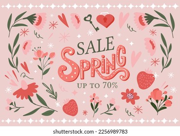 
Hello Spring hand logotype, badge typography icon. Lettering spring season with leaf for greeting card, invitation template. Modern lettering banner poster template background, Sale, offer