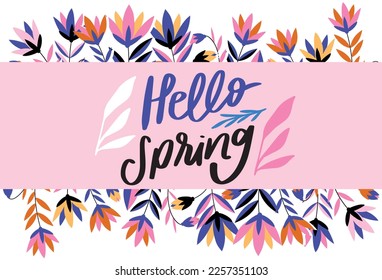 Hello Spring hand logotype, badge typography icon. Lettering spring season with leaf for greeting card, invitation template. Modern lettering banner poster template background, Sale, offer, vector