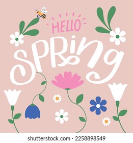 Hello Spring hand logotype, badge typography icon. Lettering spring season with leaf for greeting card, invitation template. Modern lettering banner poster template background, Sale, offer