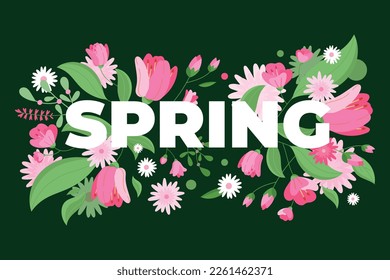 Hola Logotipo de la mano de primavera, icono de tipografía de placa. Leer la temporada de primavera con hoja para la tarjeta de saludo, plantilla de invitación. Fondo de la plantilla de carteles de carteles con letras modernas, Venta, oferta