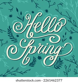 Hola Logotipo de la mano de primavera, icono de tipografía de placa. Leer la temporada de primavera con hoja para la tarjeta de saludo, plantilla de invitación. Fondo de la plantilla de carteles de carteles con letras modernas, Venta, oferta