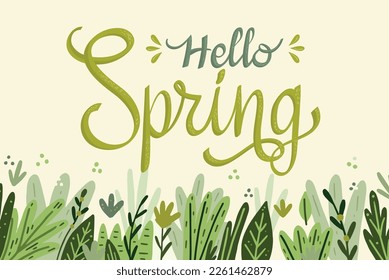 Hello Spring hand logotype, badge typography in green color. Lettering spring season with leaf for greeting card, invitation template. Modern lettering banner poster template background, Sale, offer