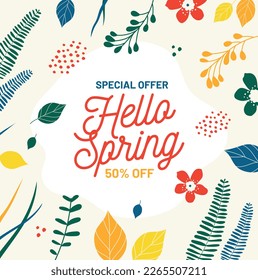 Hello Spring hand logotype, badge typography icon. Lettering spring season with leaf for greeting card, invitation template. Modern lettering banner poster template background, Sale, offer