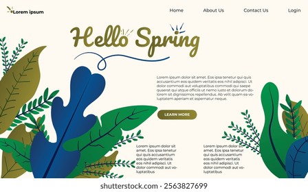 Hello Spring hand logotype, badge typography icon. Lettering spring season with leaf for greeting card, invitation template. Modern lettering banner poster template background, Sale, offer