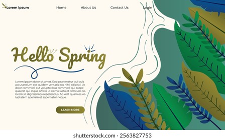 Hello Spring hand logotype, badge typography icon. Lettering spring season with leaf for greeting card, invitation template. Modern lettering banner poster template background, Sale, offer