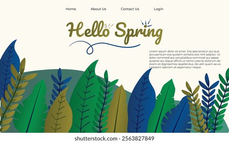 Hello Spring hand logotype, badge typography icon. Lettering spring season with leaf for greeting card, invitation template. Modern lettering banner poster template background, Sale, offer