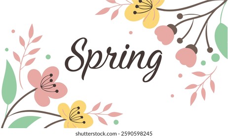 Hello Spring hand logotype, badge typography icon. Lettering spring season with leaf for greeting card, invitation template. Modern lettering banner poster template background, Sale, offer
