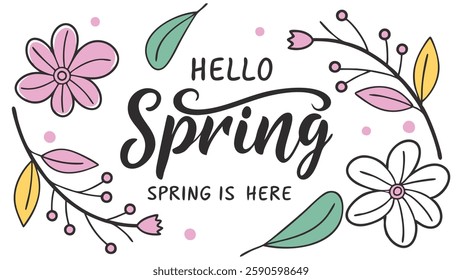 Hello Spring hand logotype, badge typography icon. Lettering spring season with leaf for greeting card, invitation template. Modern lettering banner poster template background, Sale, offer
