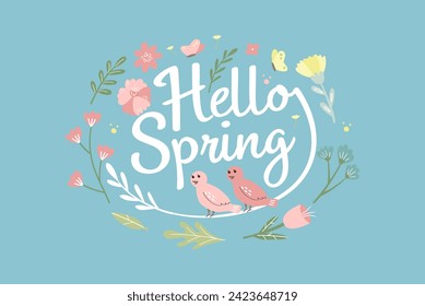 Hallo Frühling Hand Logotype. Die Frühlingssaison wird mit Blatt, Blume, Schmetterling, Vogel für Grußkarte, Einladungsvorlage. Moderner Bannervorlagenhintergrund.