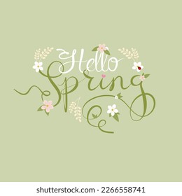 Hello, Spring hand sketch logo, badge typography badge. Spring season lettering with a sheet for greeting cards, and invitation template. Retro, vintage lettering banner template poster background