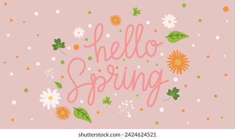 Hello Spring hand sketched background, vector illustration. Lettering spring season with leaves and flowers for greeting card, invitation template. Retro, vintage lettering banner, poster, background.