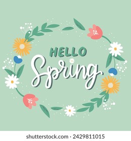 Hello Spring hand sketched card, vector illustration. Lettering spring season with leaves and flowers for greeting card, invitation template. Retro, vintage lettering banner, poster, background