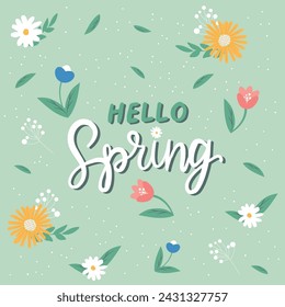 Hello Spring hand sketched card, vector illustration. Lettering spring season with leaves and flowers for greeting card, invitation template. Retro, vintage lettering banner, poster, background