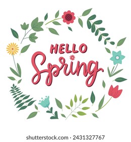 Hola tarjeta de mano de primavera, ilustración vectorial. Temporada de primavera de letras con hojas y flores para tarjeta de felicitación, plantilla de invitación. Retro, bandera de letras vintage, cartel, fondo