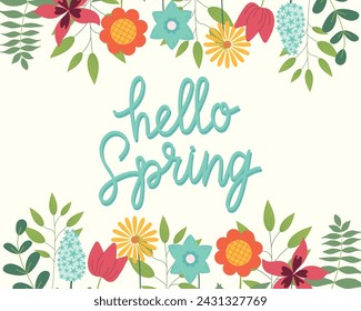 Hallo Frühling Hand skizzierte Karte, Vektor-Illustration. Schriftzug Frühlingssaison mit Blättern und Blumen Rahmen für Grußkarte, Einladungsvorlage. Retro, Vintage Schriftzug Banner, Poster, Hintergrund