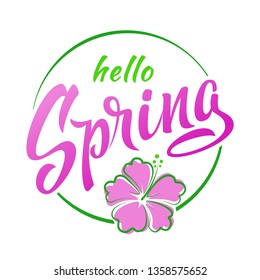 Hello Spring hand sketched circle logotype with flower. Spring lettering floral banner template in trendy colors. Vector illustration for greeting card, invitation template, banner, poster, website. 