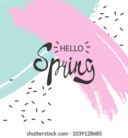 Hello Spring hand sketched Lettering. Lettering spring season with leaf for greeting card, invitation template. Retro, vintage lettering banner poster template background