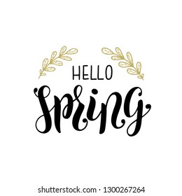 Hello spring hand sketched lettering logo as template for cards, postcards, posters, banners, invitation, badges and advertising decoration. Vector eps 10