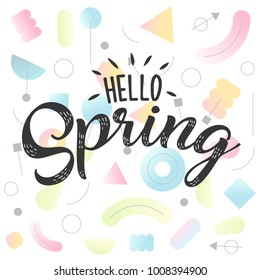 Hello Spring hand sketched logotype, badge typography icon. Lettering spring season with leaf for greeting card, invitation template. Retro, vintage lettering banner poster template background