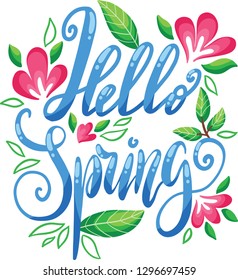 Hello Spring hand sketched logotype, badge typography icon. Lettering spring season with leaf and flowers for greeting card, invitation template