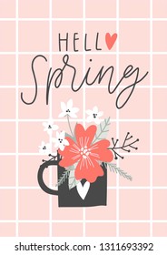 Hello Spring hand sketched logotype, badge typography icon. Lettering spring season with leaf for greeting card, invitation template. Retro, vintage lettering banner poster template background 