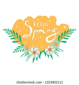 Hello Spring hand sketched logotype, badge typography icon. Lettering spring season with leaf for greeting card, invitation template. Retro, vintage lettering banner poster template background