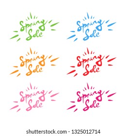 Hello Spring hand sketched logotype, badge typography icon. Lettering spring season with leaf for greeting card, invitation template. Retro, vintage lettering banner poster template background