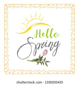 Hello Spring hand sketched logotype, badge typography icon. Lettering spring season with leaf for greeting card, invitation template. Retro, vintage lettering banner poster template background. frame.