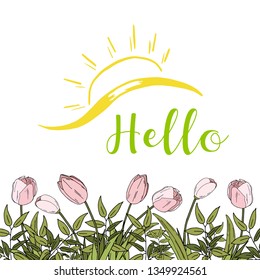 Hello Spring hand sketched logotype, badge typography icon. Lettering spring season with leaf for greeting card, invitation template. Retro, vintage lettering banner poster template background.