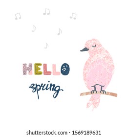 Hello Spring hand sketched logotype, badge typography icon. Vector colorful illustration of cute bird. Can be used for decoration, invitation, greeting card, and posters template