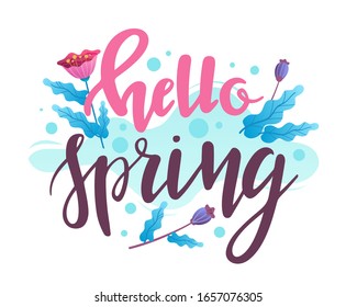 Hello Spring hand sketched logotype, badge typography icon. Lettering spring season with leaf for greeting card, invitation template. Vector illustration of lettering on a white background