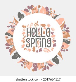 Hello Spring hand sketched logotype, badge typography icon. Lettering spring season with leaf for greeting card, invitation template. Retro, vintage lettering banner poster template background